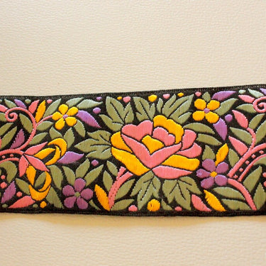 Black Fabric Lace With Floral Design, Pink, Yellow